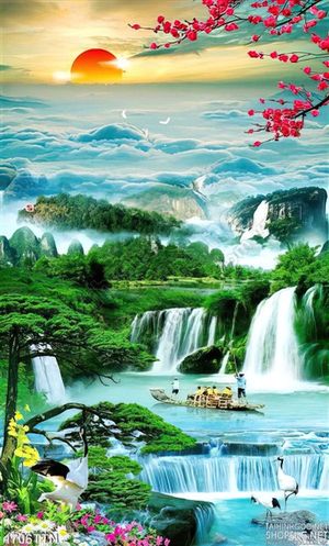 Tranh psd thác nước nghệ thuật mùa xuân in 3D