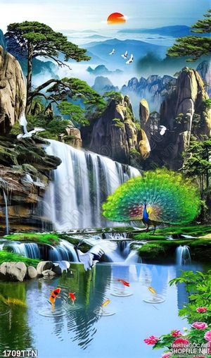 Tranh chim công và thác nước phong thủy in uv