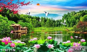 Tranh psd phong cảnh hoa Sen và hồ nước nghệ thuật in uv