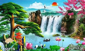 Tranh 3D sơn thủy hữu tình mùa xuân đẹp nhất in uv