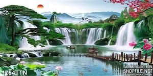 Tranh psd thác nước mùa xuân in uv