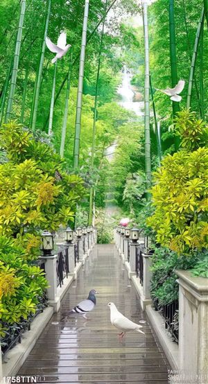Tranh psd khổ dọc cây cầu và khu rừng tre in 3D
