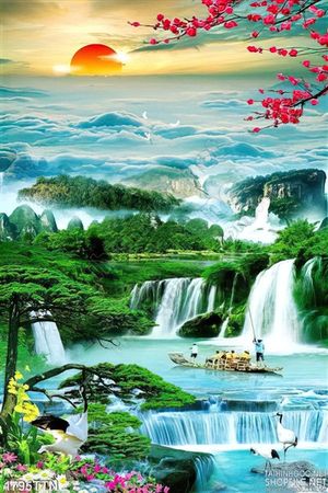 Tranh sơn thủy hữu tình mùa xuân in uv