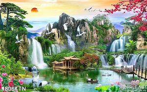 Tranh psd mùa xuân và thác nước phong thủy in uv