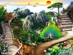 Tranh phong cảnh nghệ thuật và chim công in 3D
