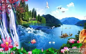 Tranh thác nước phong thủy mùa xuân psd