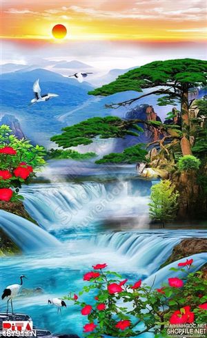 Tranh khổ dọc chim Hạc và thác nước in 3D