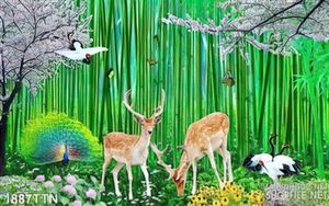 Tranh psd hươu và rừng Trúc phong thủy in 3D