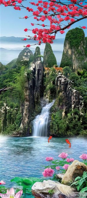 Tranh psd thác nước mùa xuân in 3D