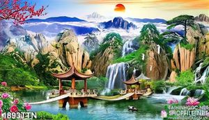 Tranh psd cây cầu và thác nước in 3D