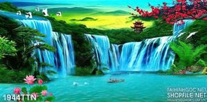 Tranh psd thác nước phong thủy mùa xuân nghệ thuật