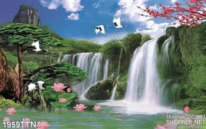 Tranh in uv thác nước phong thủy mùa xuân
