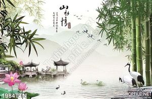 Tranh decor thư pháp cây tre và chim Hạc