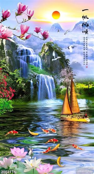 Tranh in uv khổ dọc phong cảnh thác nước mùa xuân