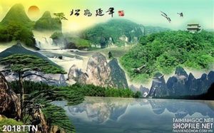 Tranh thác nước phong thủy thư pháp décor