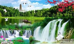 Tranh psd thác nước phong thủy mùa xuân mới nhất
