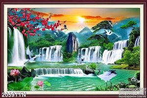 Tranh 3D phong cảnh thác nước mùa xuân in uv