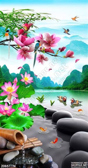 Tranh decor sơn thủy mùa xuân nghệ thuật