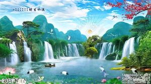 Tranh thư pháp phong thủy thác nước mùa xuân
