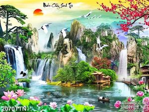 Tranh thư pháp sơn thủy hữu tình psd