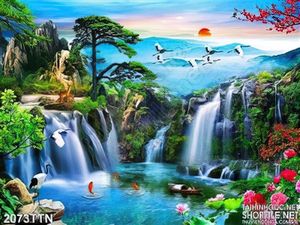 Tranh psd thác nước phong thủy mùa xuân