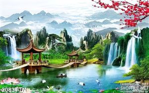 Tranh phong cảnh mùa xuân thác nước psd