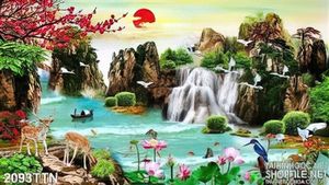 Tranh wall thác nước phong thủy mùa xuân