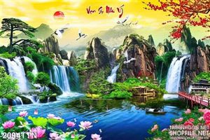 Tranh decor phong cảnh thác nước mùa xuân psd