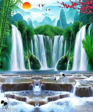 Tranh in uv thác nước phong thủy mùa xuân