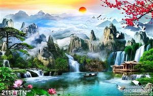 Tranh in uv thác nước phong thủy mùa xuân