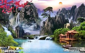 Tranh in uv phong cảnh thác nước mùa xuân