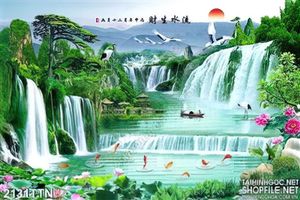 Tranh wall thư pháp phong cảnh thác psd