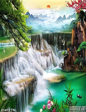 Tranh wall thác nước mùa xuân đẹp nhất