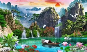 Tranh decor phong thủy thác nước nghệ thuật psd