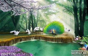 Tranh in uv chim công và chim Hạc mùa xuân