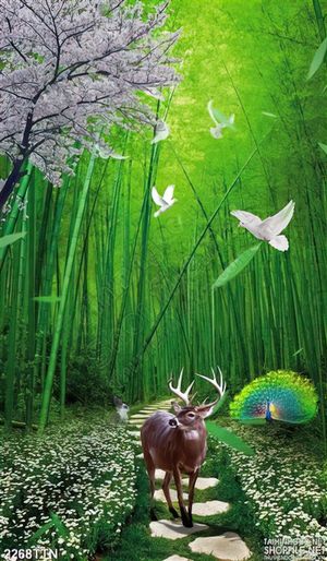 Tranh wall rừng tre và hươu