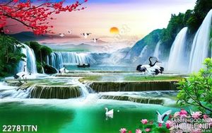 Tranh decor thác nước phong thủy mùa xuân