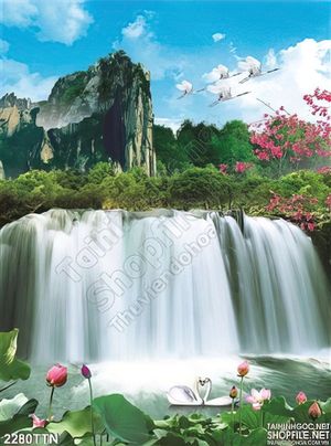 Tranh decor thác phong thủy khổ dọc