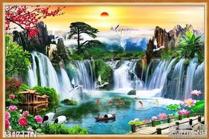 Tranh in uv phong cảnh thác nước mùa xuân