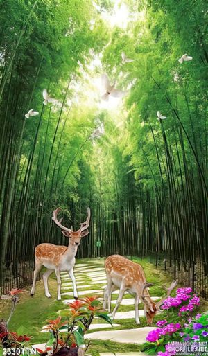 Tranh decor con đường tre và hươu