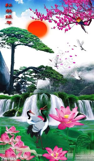 Tranh wall khổ dọc thác nước phong thủy và chim Hạc