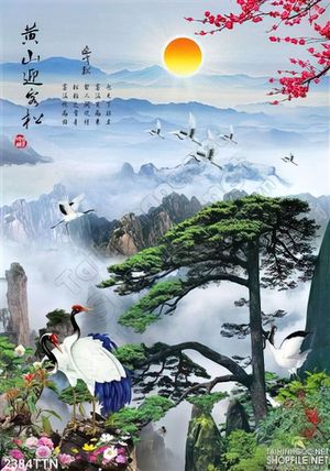 Tranh thư pháp thác nước mùa xuân và chim Hạc