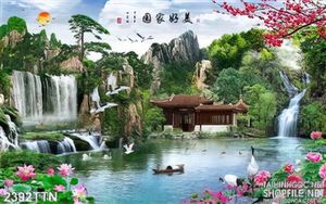 Tranh thác nước phong thủy thư pháp in uv