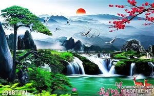 Tranh thác nước phong thủy màu xuân psd