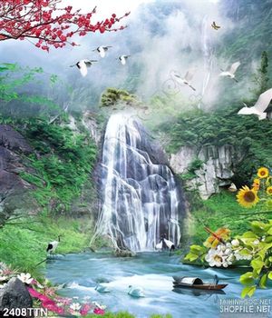 Tranh wall phong cảnh thác nước mùa xuân