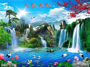 Tranh thư pháp sơn thủy mùa xuân psd