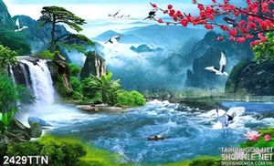 Tranh decor thác nước phong thủy mùa xuân