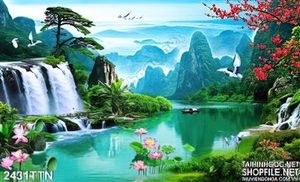 Tranh decor thác nước phong thủy mùa xuân