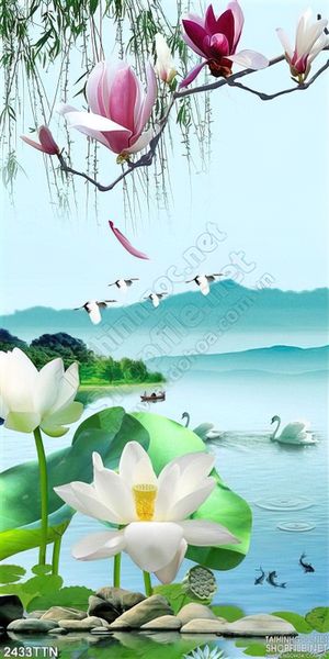 Tranh wall khổ dọc phong cảnh và hoa Sen
