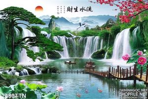 Tranh thư pháp thác nước phong thủy mùa xuân psd